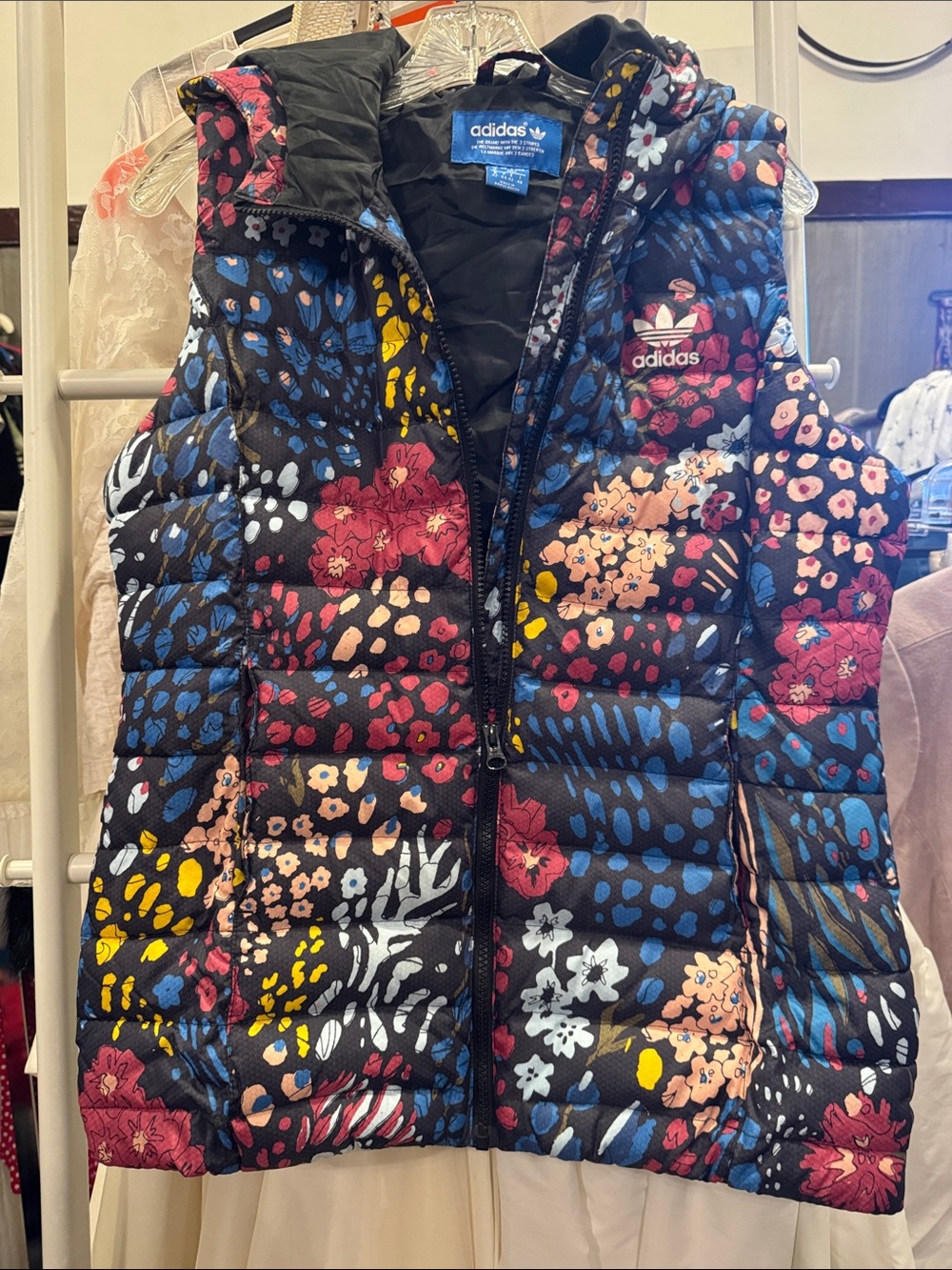 adidas Black Floral Printed Quilted Vest with Multicolor Accents